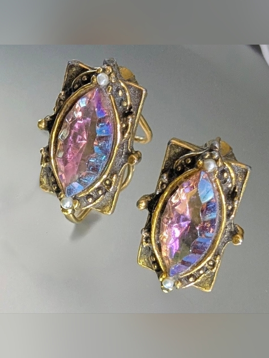 Vintage TARA Jewelry - Vintage Signed TARA Aurora Borealis Crystal Clip-On Earrings - Marquise Cut